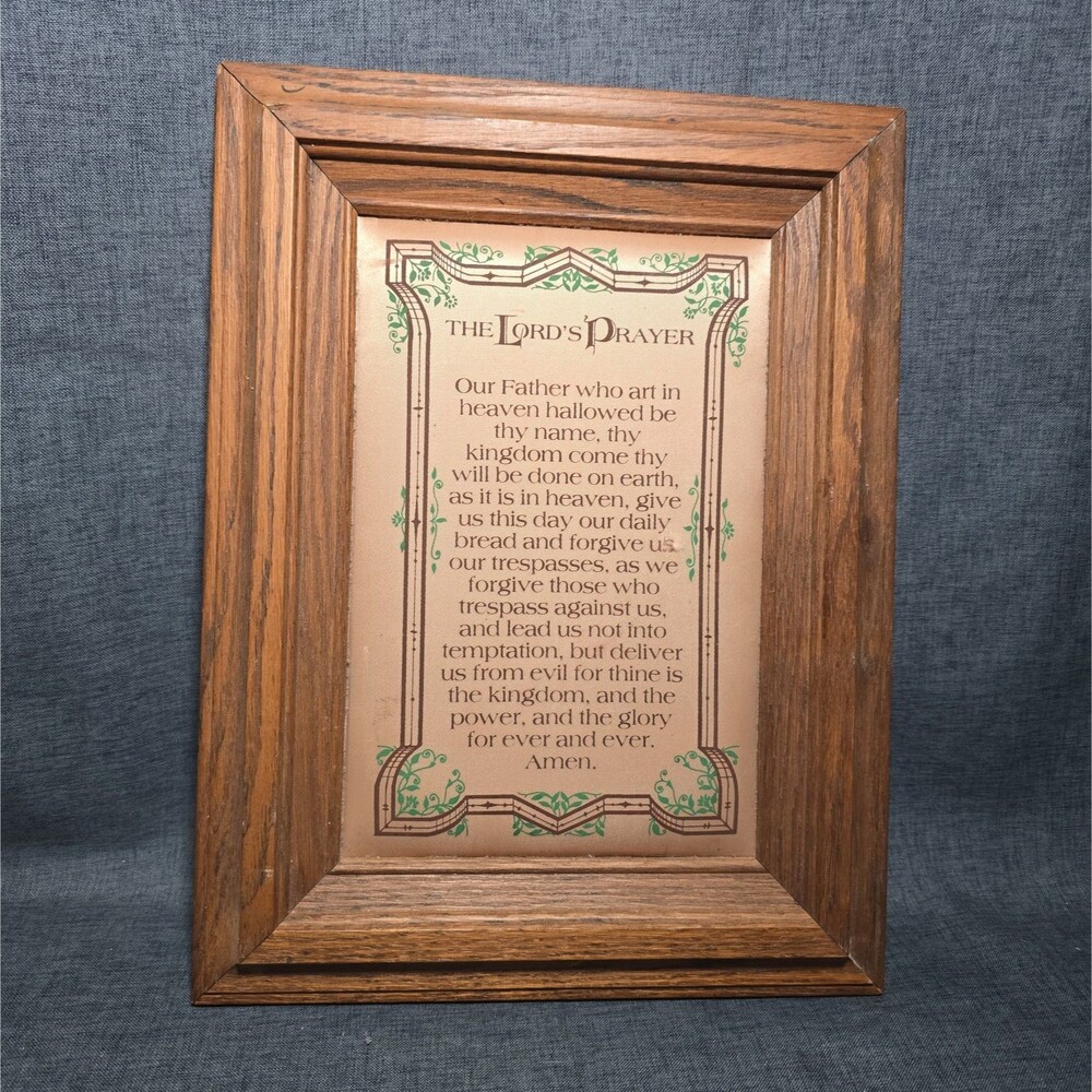 Vintage The Lords Prayer On Fabric With Wooden Frame